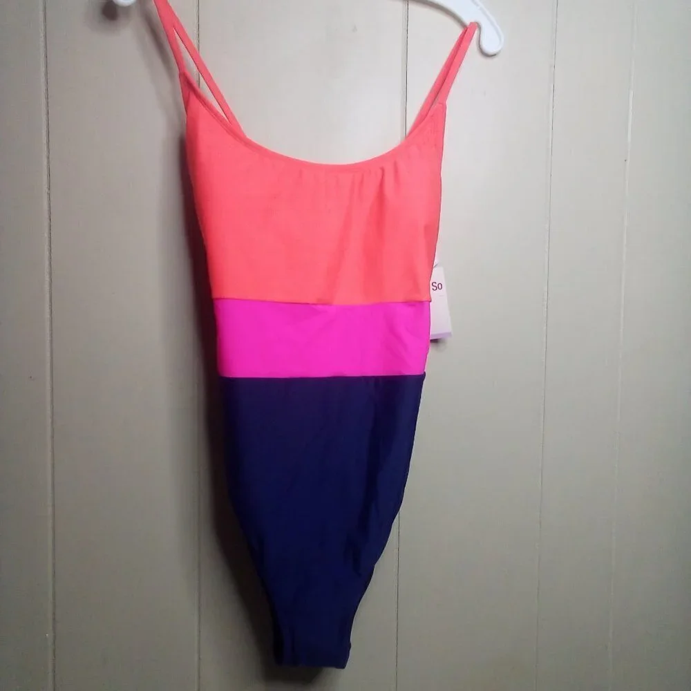 SO One Piece Swimsuit XL 15-17 Crossback Colorblock Navy Red Pink